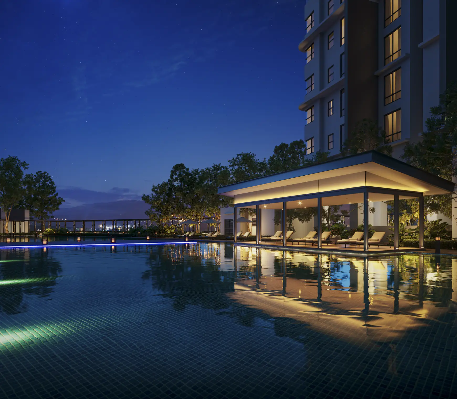 Resort-style poolside pavilion and swimming deck at Cappella Embassy